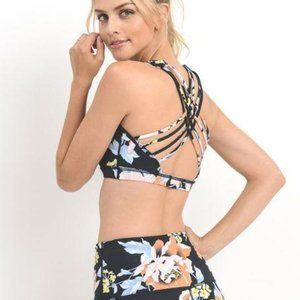 Tropical Flower Print Strappy Sports Bra